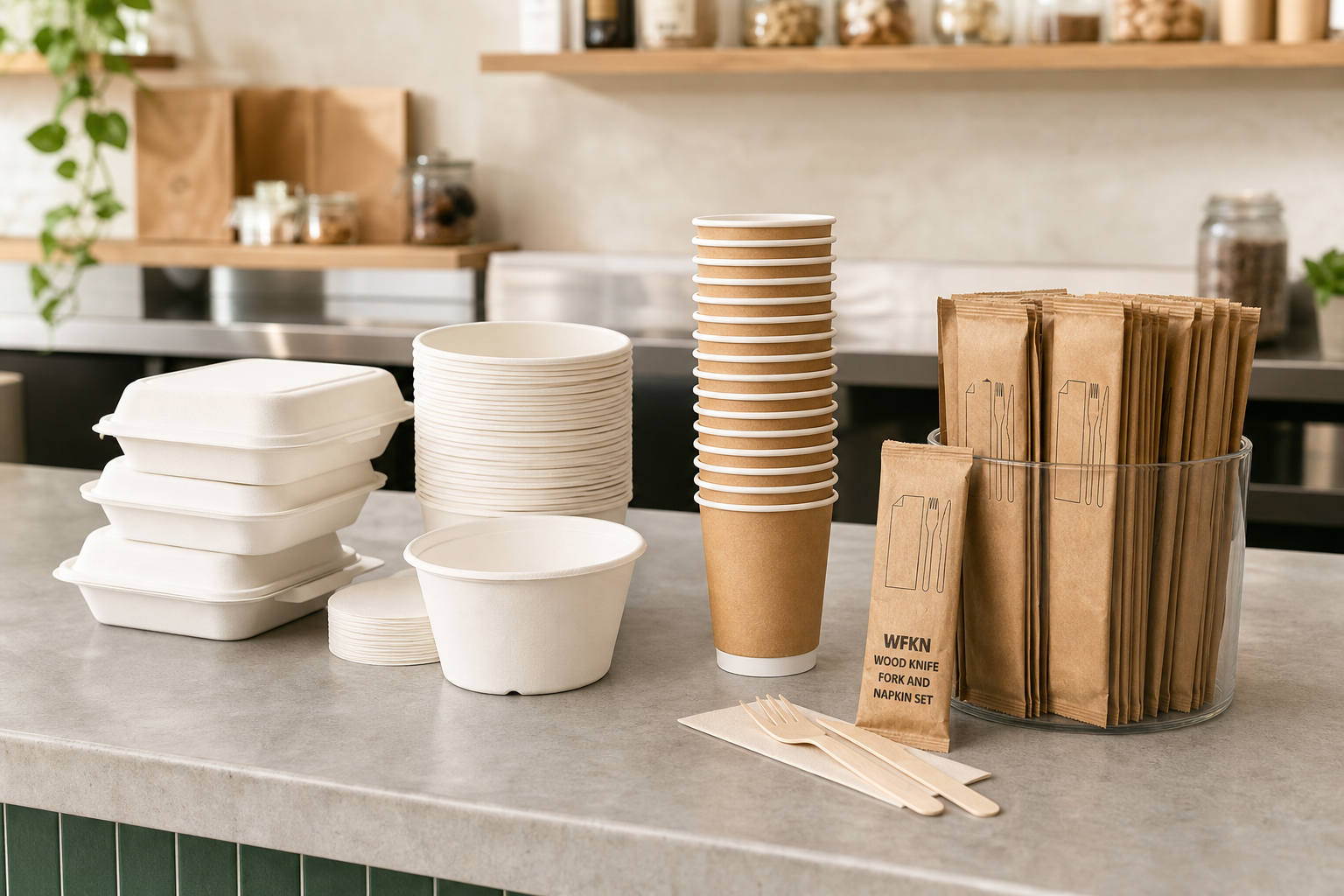 Wide view of biodegradable sugarcane containers, kraft cups and wooden cutlery cartons on a cafe prep bench
