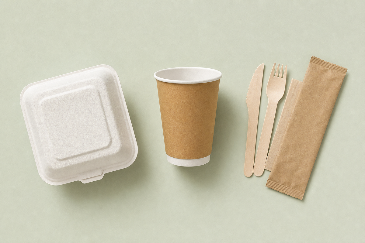 Sugarcane container, kraft double-wall cup and wooden cutlery grouped as biodegradable material samples