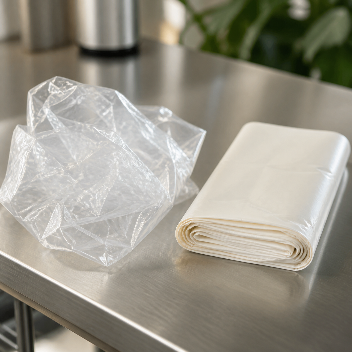 Close-up of a plain plastic film and a certified compostable bag side by side on a stainless bench