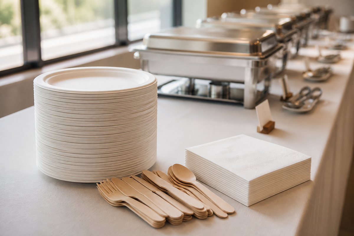 Disposable catering plates, cutlery and napkins set out along a buffet line for a large event