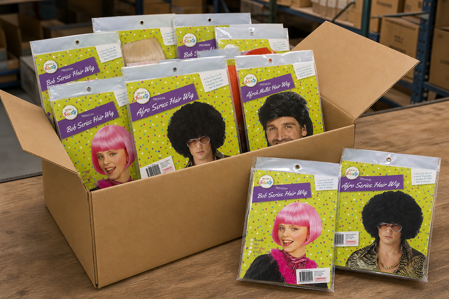 Carton of assorted costume party wigs packed for bulk event and school supply