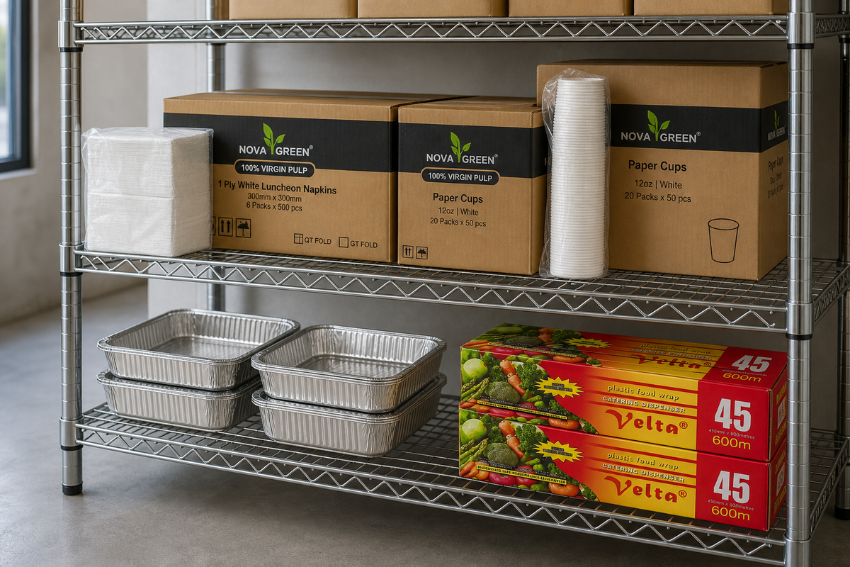 Cartons of paper napkins, cups and foil trays on elevated dry shelving in a commercial storeroom
