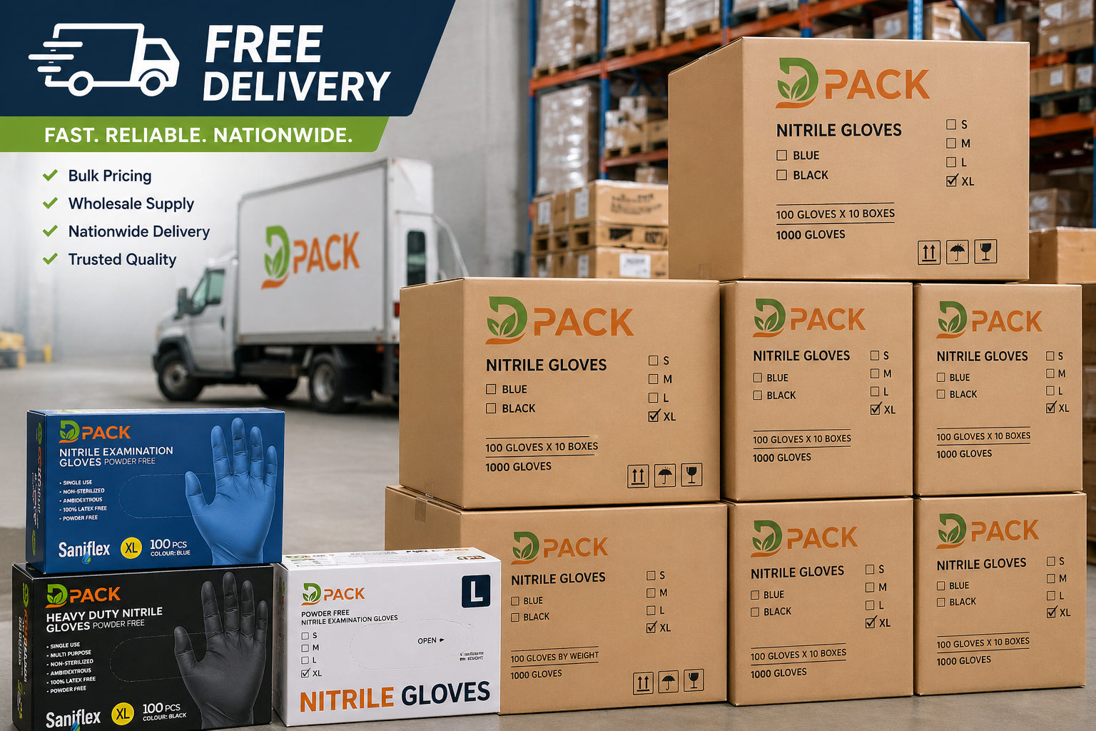 Bulk wholesale nitrile gloves carton packaging Melbourne delivery DPack