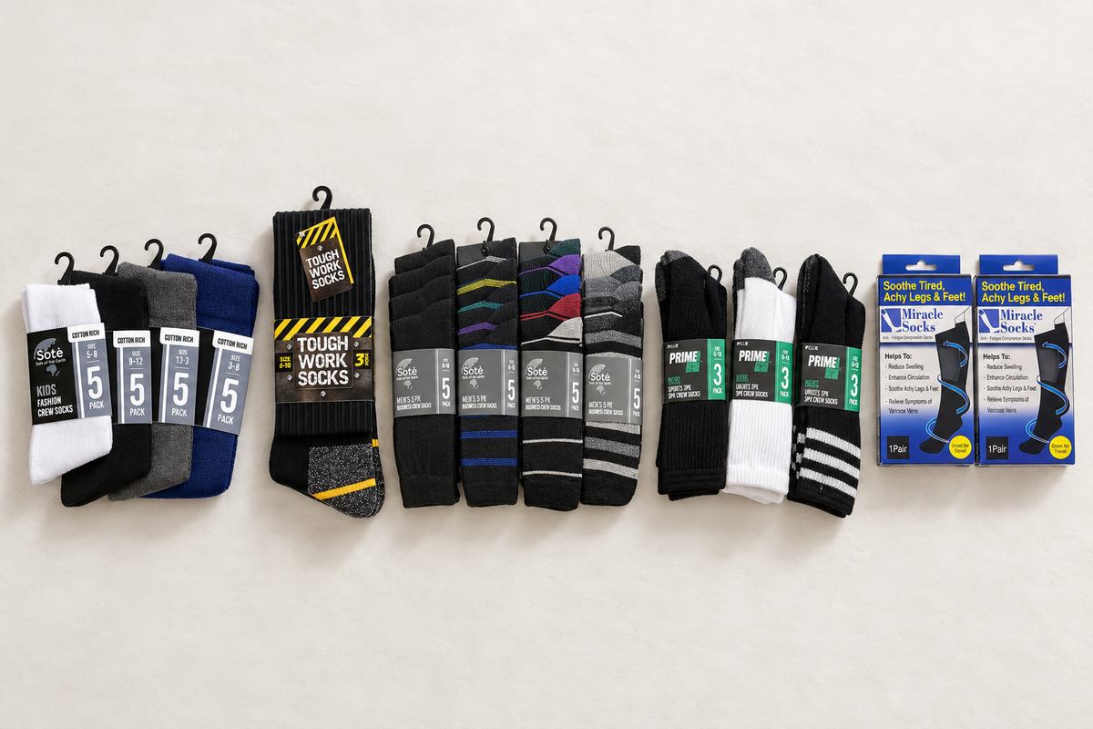 Flat-lay of DPack wholesale sock multi-packs across work, business, school and sports styles