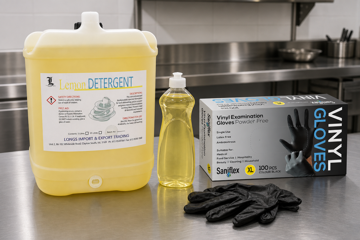 A 20 litre drum of dishwashing concentrate beside a small retail bottle, showing the bulk versus retail cost-per-unit difference