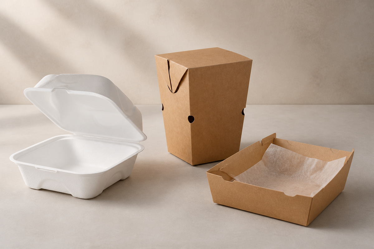 Kraft one-piece burger clamshell, white hinged-lid burger box and an open flat tray compared side by side