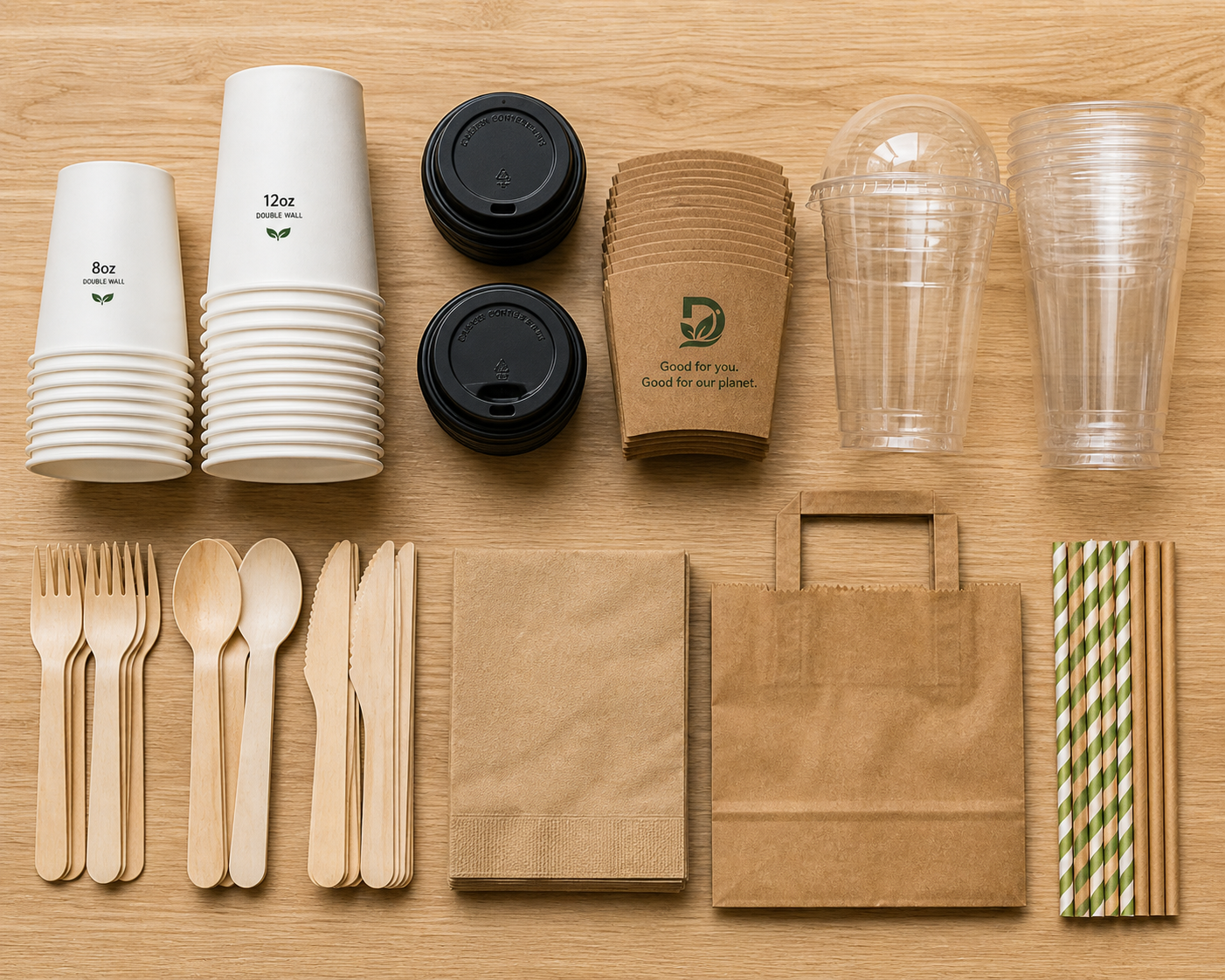 Complete cafe supplies checklist flat lay - paper cups, lids, wooden cutlery, napkins and takeaway containers for new Melbourne cafe