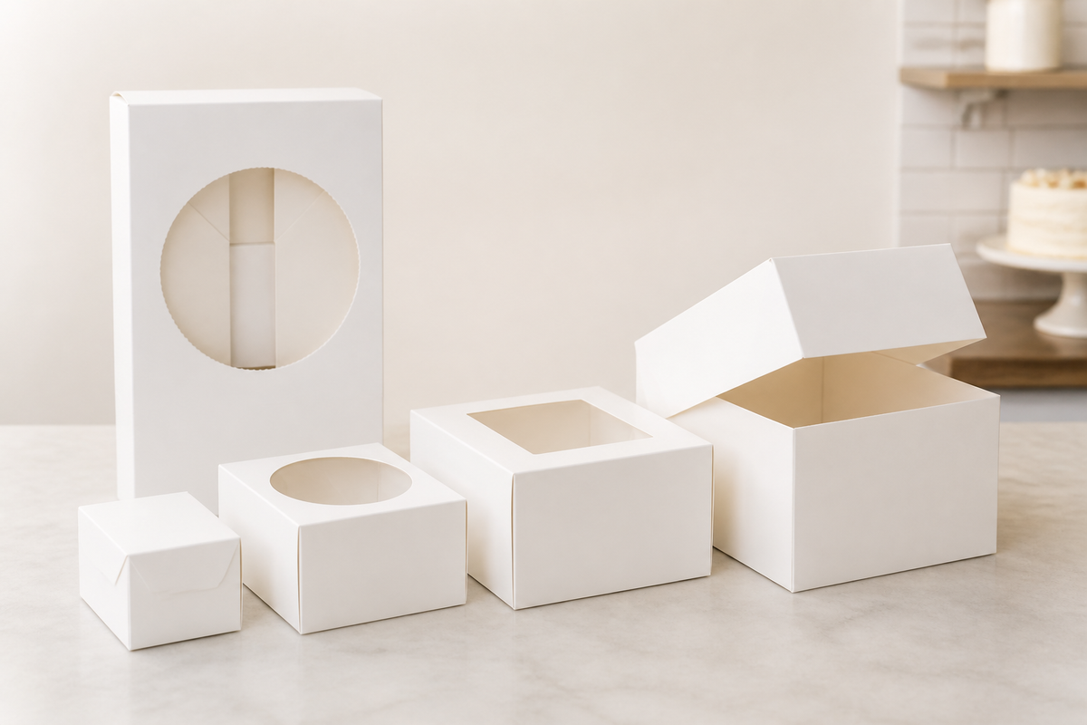 Stack of milkboard cake boxes in ascending sizes with a tall-series box for a tiered cake on a bakery bench