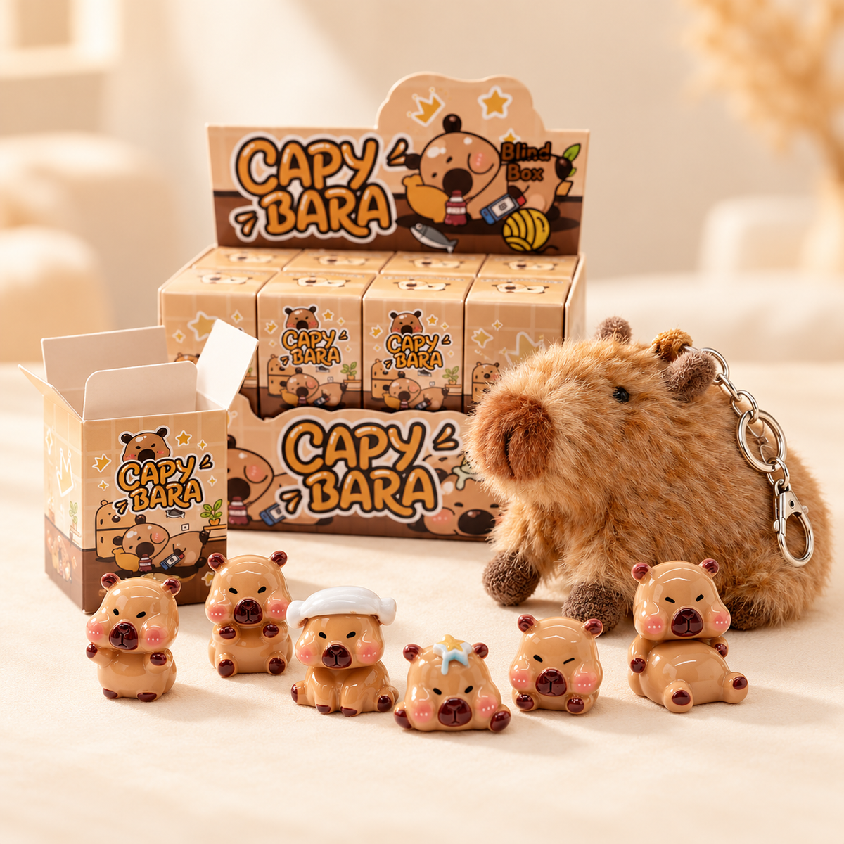 Capybara blind box figures beside an open display box and a capybara plush keyring