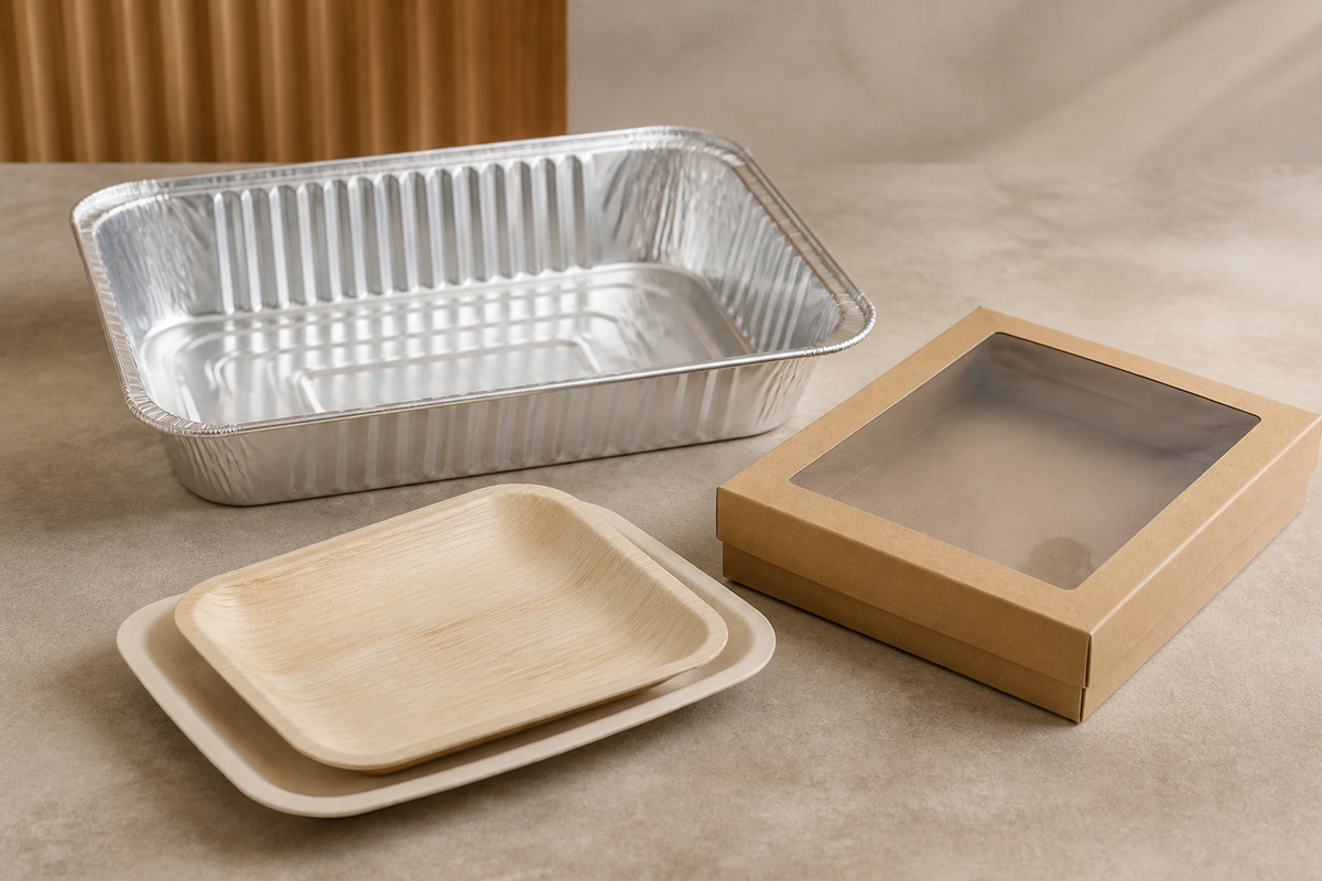Foil roasting trays, a window-lid grazing box and disposable platters arranged for a catered buffet