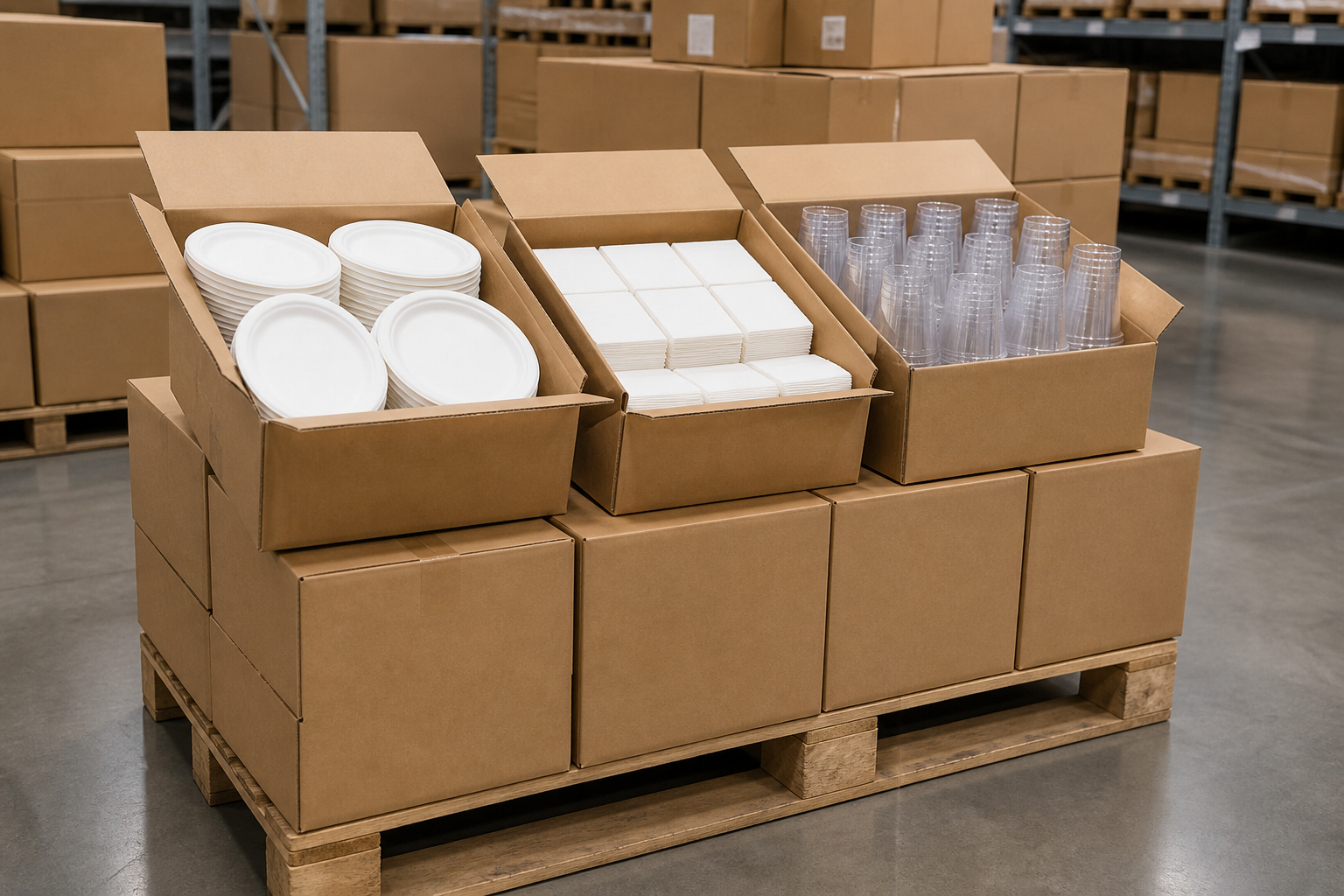 Bulk wholesale catering supplies stacked in cartons ready for a large Melbourne event