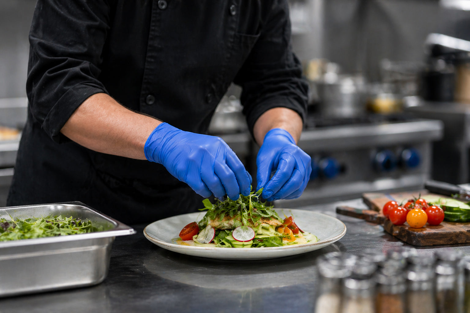 Chef wearing blue nitrile gloves preparing food in commercial kitchen Melbourne