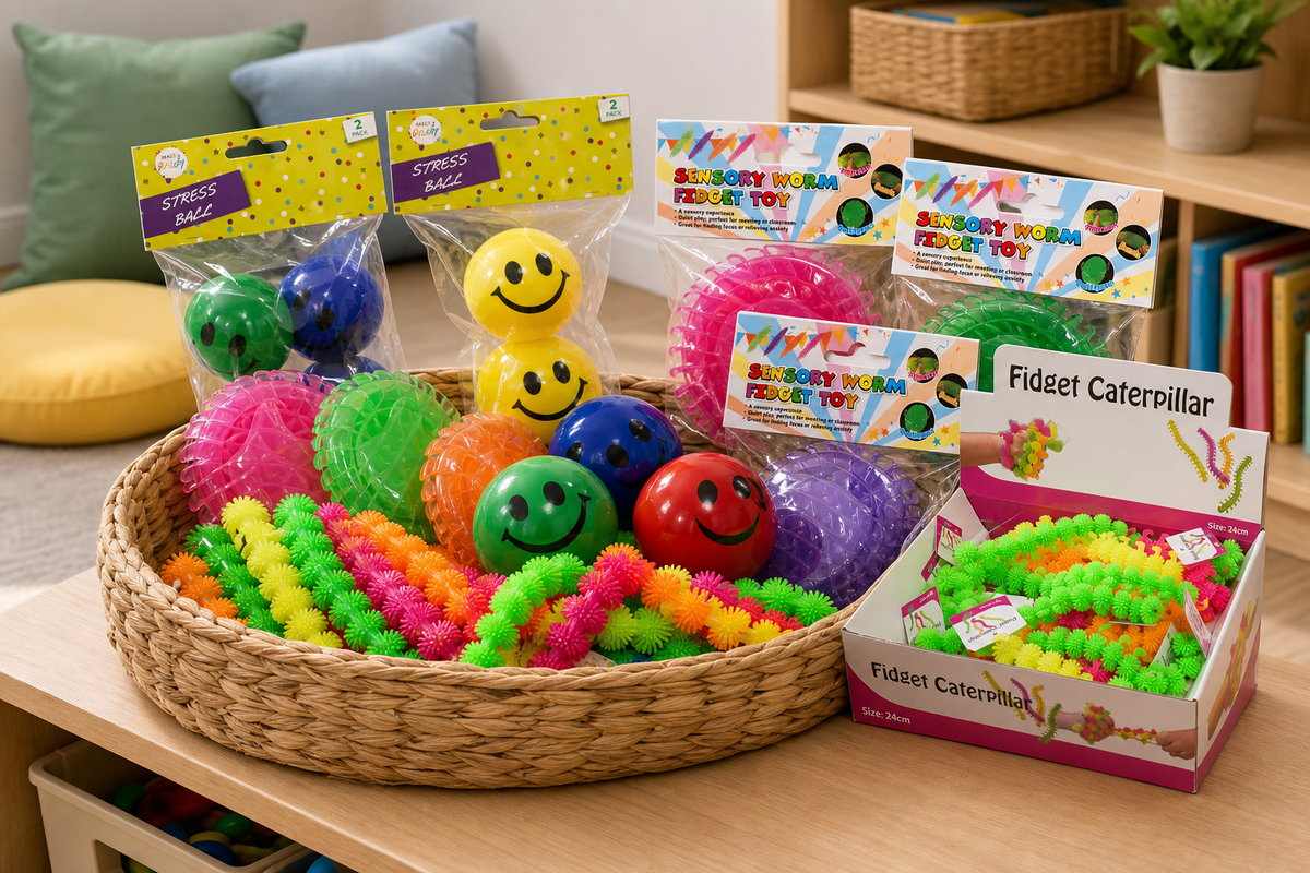 A tidy classroom calm corner basket with a small rotating set of sensory and fidget toys