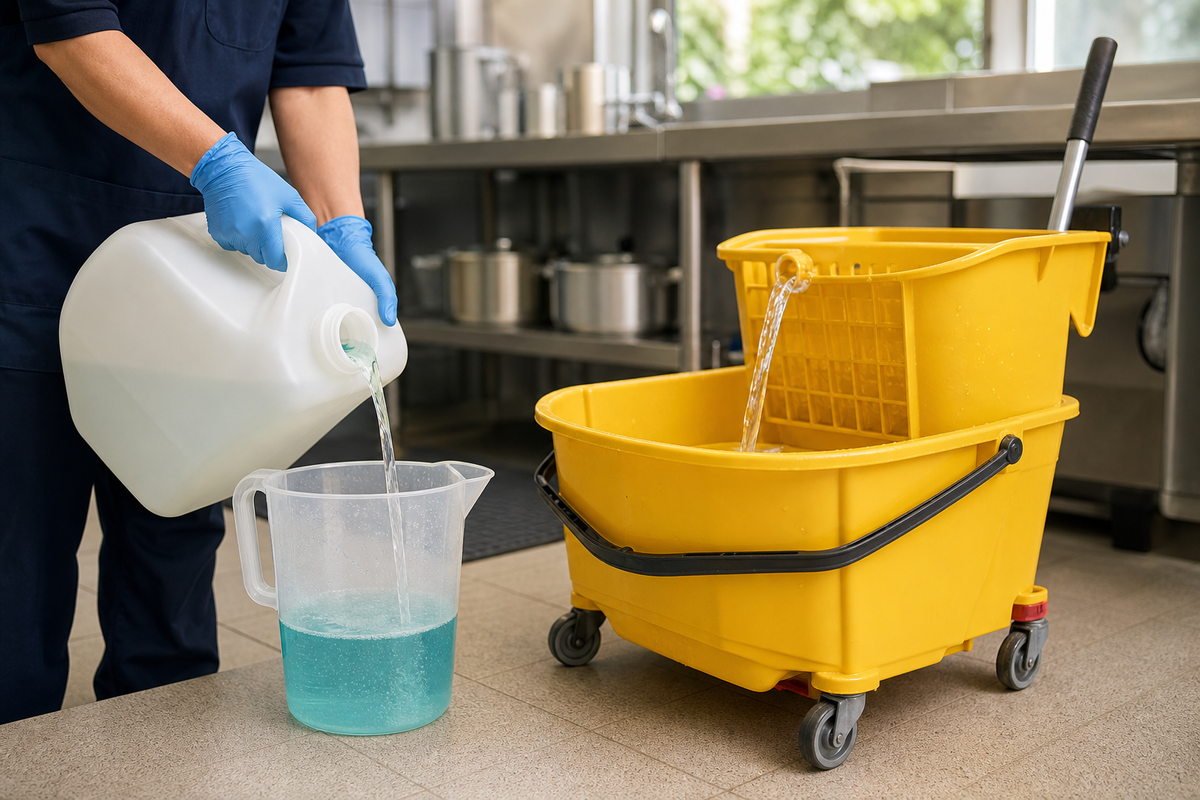 Cleaning concentrate being measured into a bucket of water to the correct dilution ratio