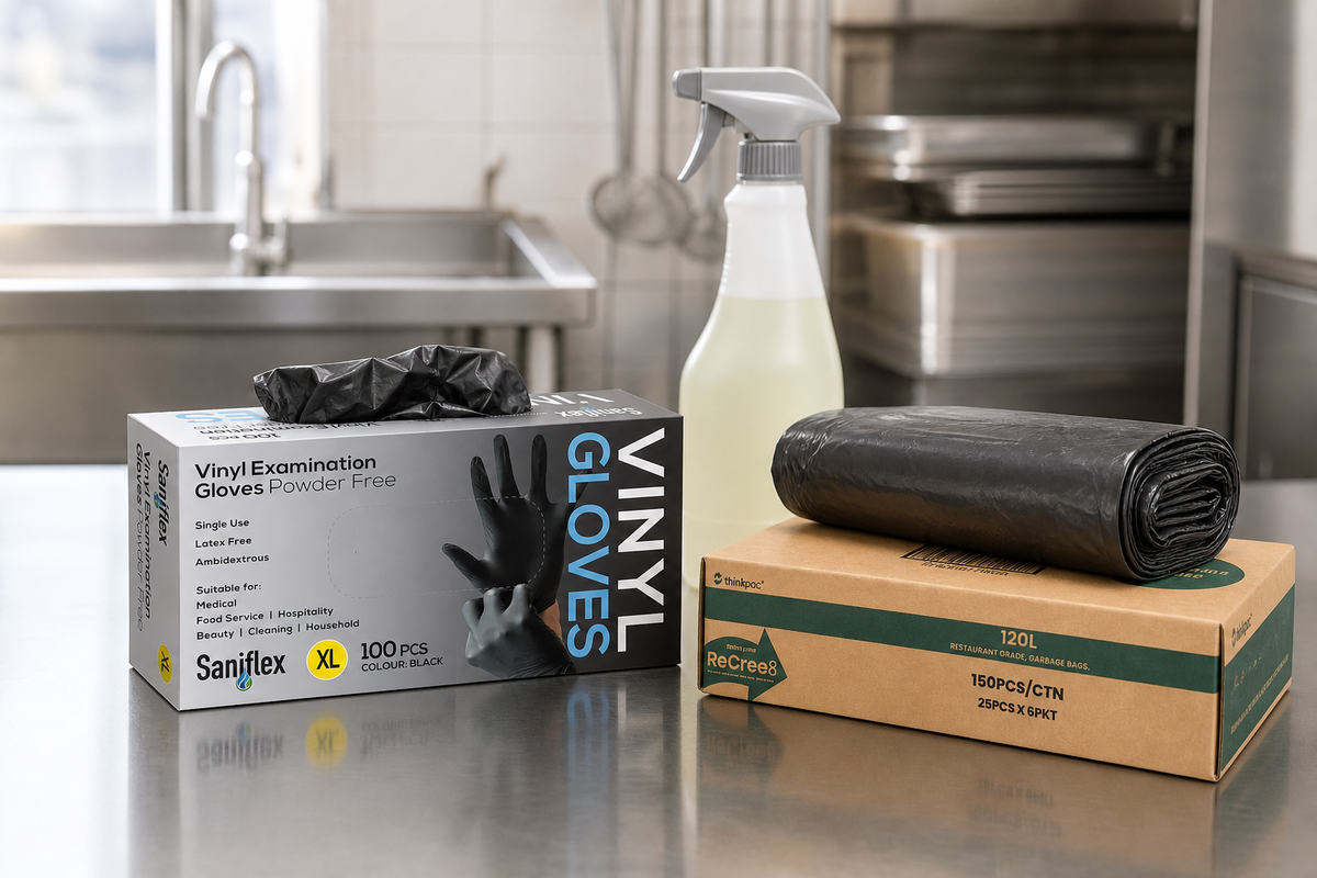 Boxes of disposable vinyl gloves, rolls of bin liners and degreaser on a commercial kitchen cleaning station
