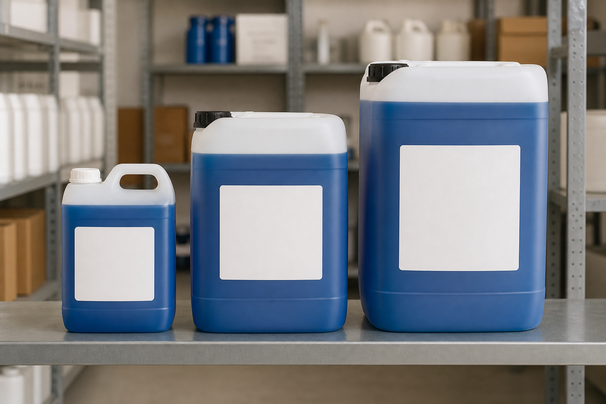 A 5L, a 20L and a 25L cleaning concentrate drum lined up by size on a storeroom shelf