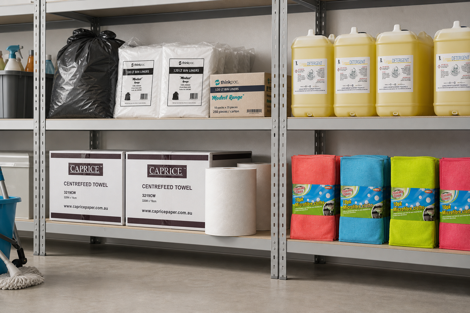 Wide view of a Melbourne hospitality storeroom shelved with cartons of bin liners, paper towel and cleaning consumables