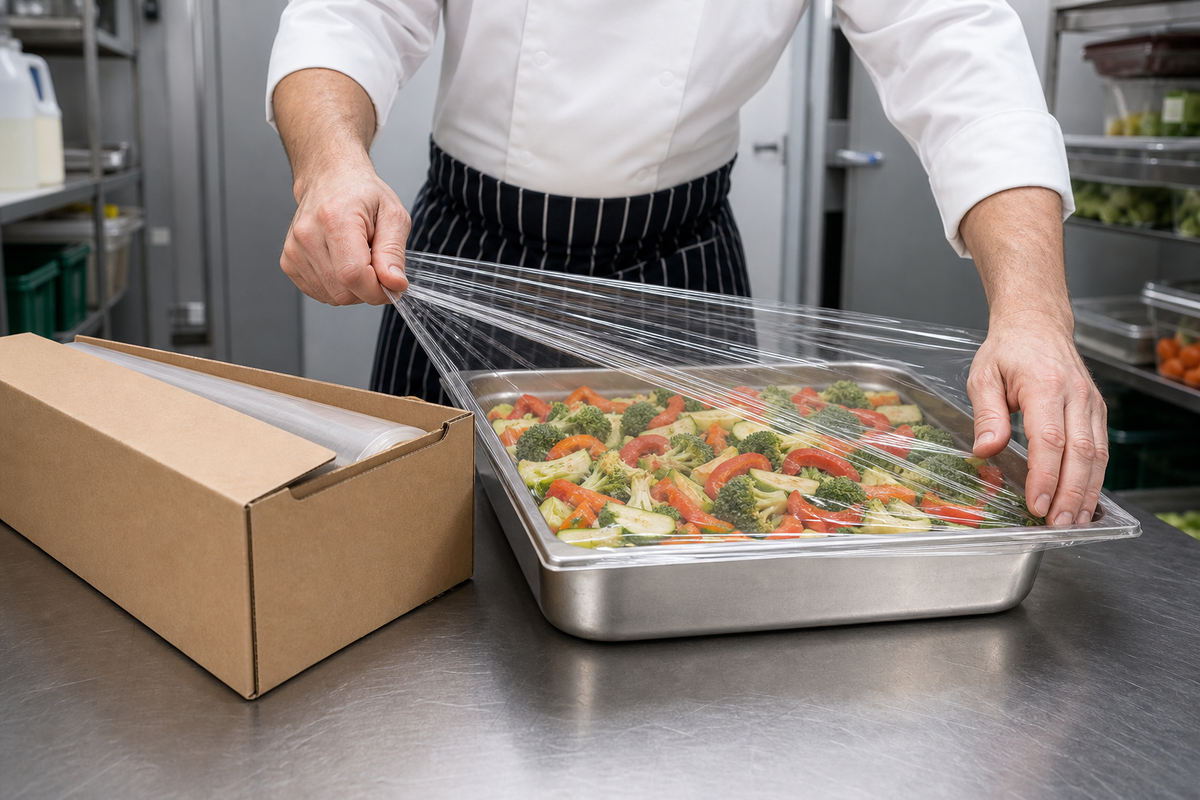 Chef sealing a prep tray with catering cling wrap from a dispenser box