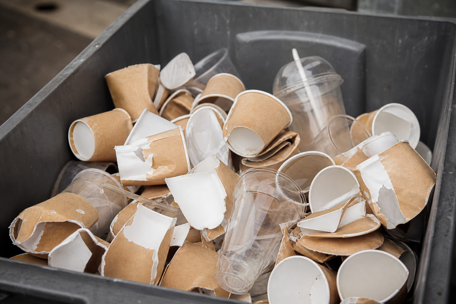 Disposable PE-lined paper coffee cups treated as contamination in an Australian recycling stream