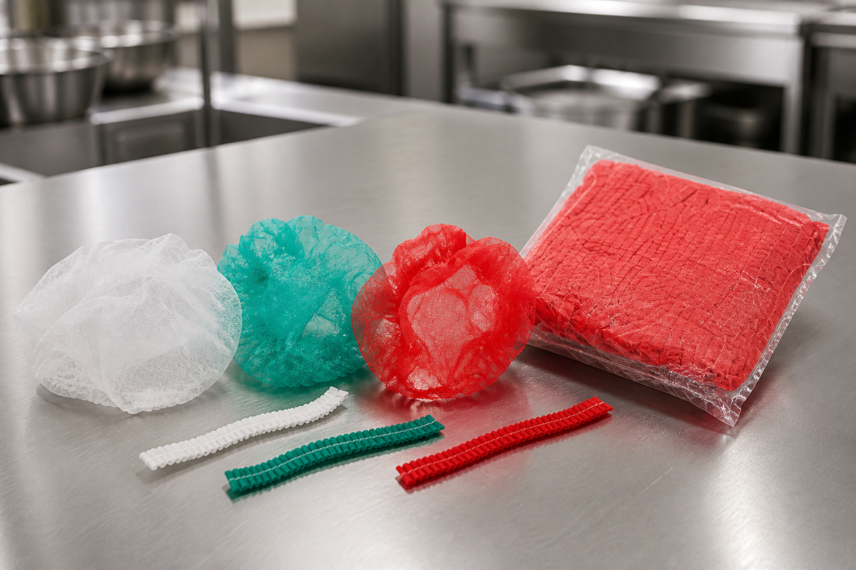 Crimped disposable hairnets in white, red and green for colour-coded food-handler zones