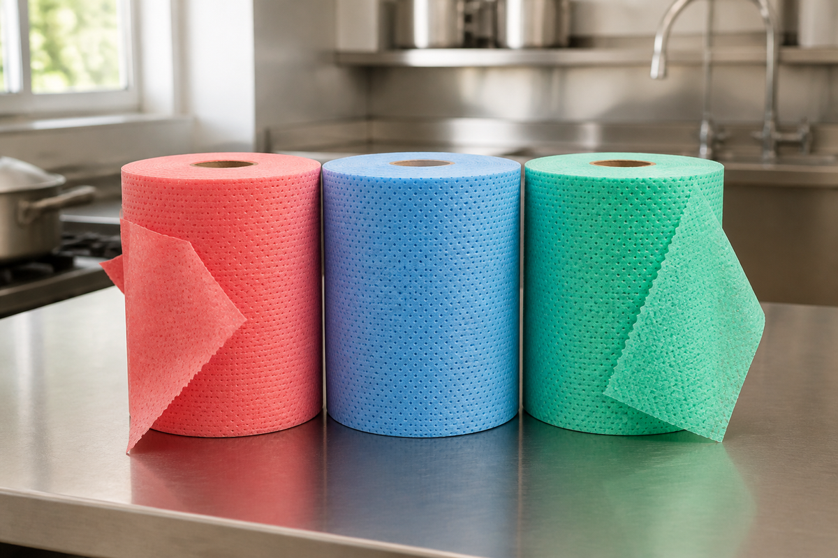 Heavy-duty commercial wipe rolls in green, red and blue for colour-coded kitchen cleaning zones