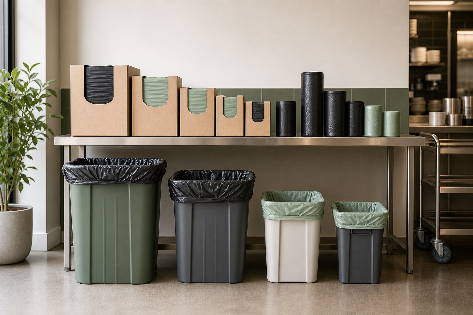 Back-of-house cleaning station with cartons of commercial bin liners in several sizes