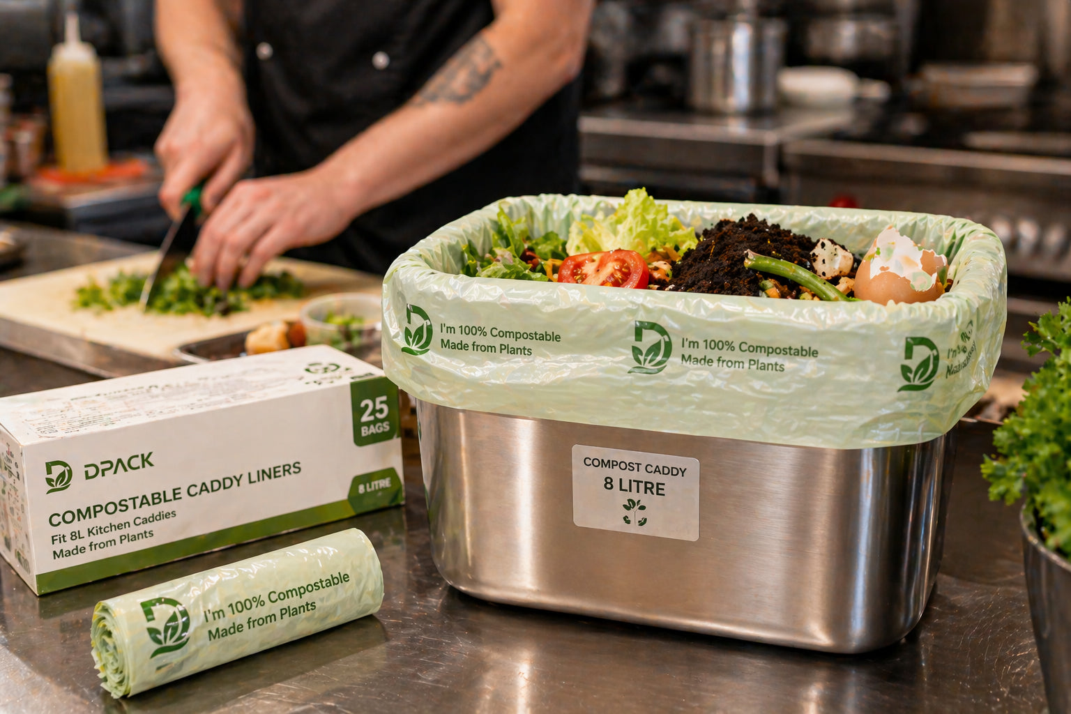 Commercial kitchen benchtop caddy with 8L compostable bag for food waste
