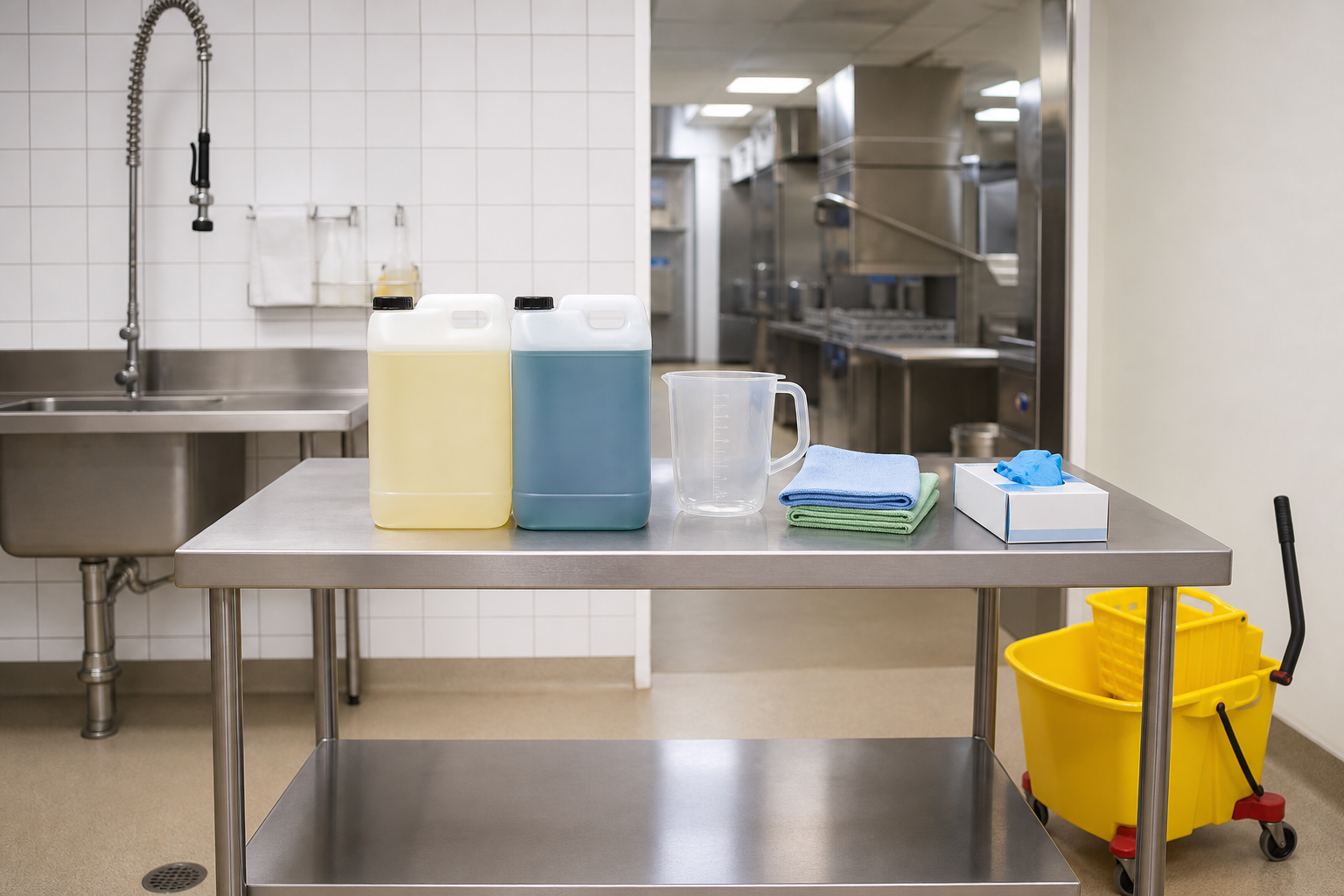 Tidy commercial back-of-house cleaning station with concentrate drums, a mop bucket and gloves