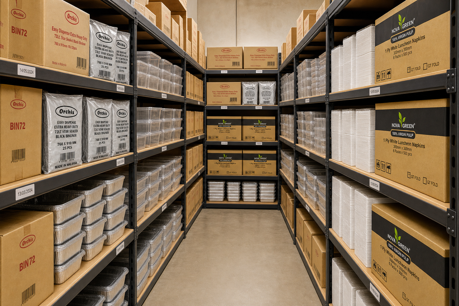 Wide view of an organised commercial storeroom with dated cartons shelved for FIFO stock rotation