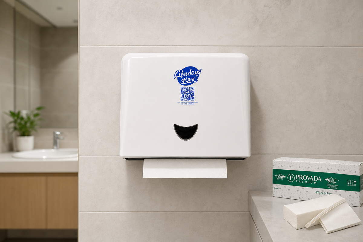 Wall-mounted dispenser feeding a single interleaved folded hand towel in a clean commercial washroom.