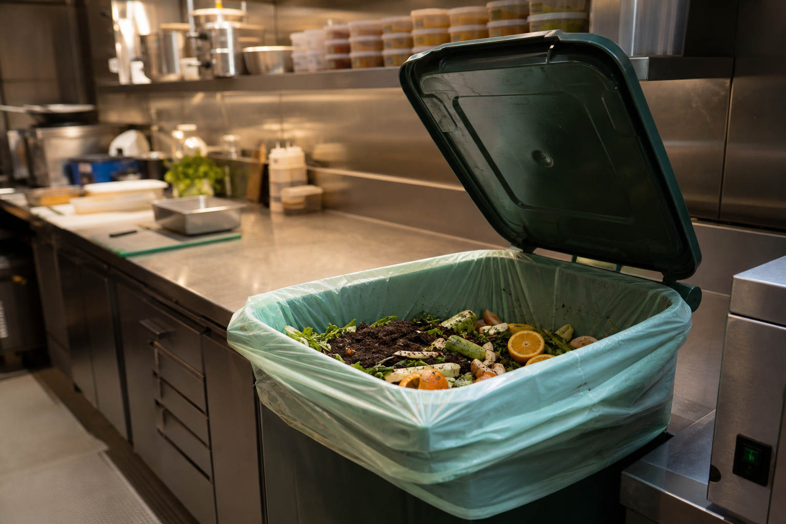 Certified compostable bin liner inside a green FOGO bin in a Melbourne commercial restaurant kitchen