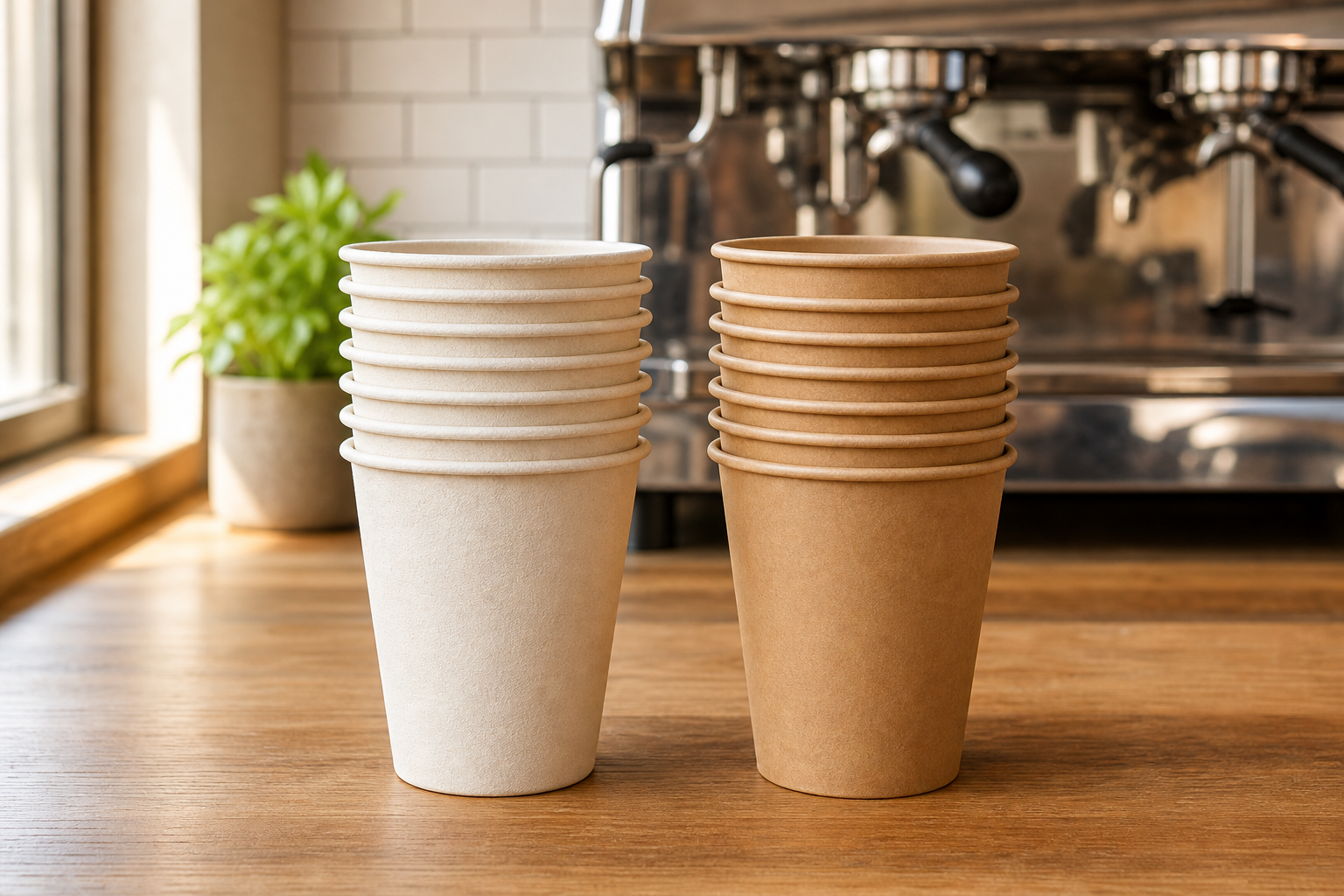 Stack of compostable sugarcane bagasse cups and PLA-lined kraft paper cups on a cafe counter