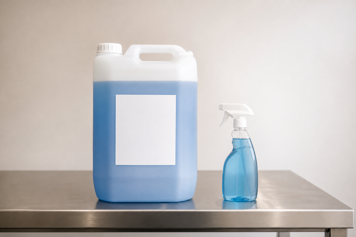 A 20L cleaning concentrate drum beside a small 500ml ready-to-use trigger spray bottle