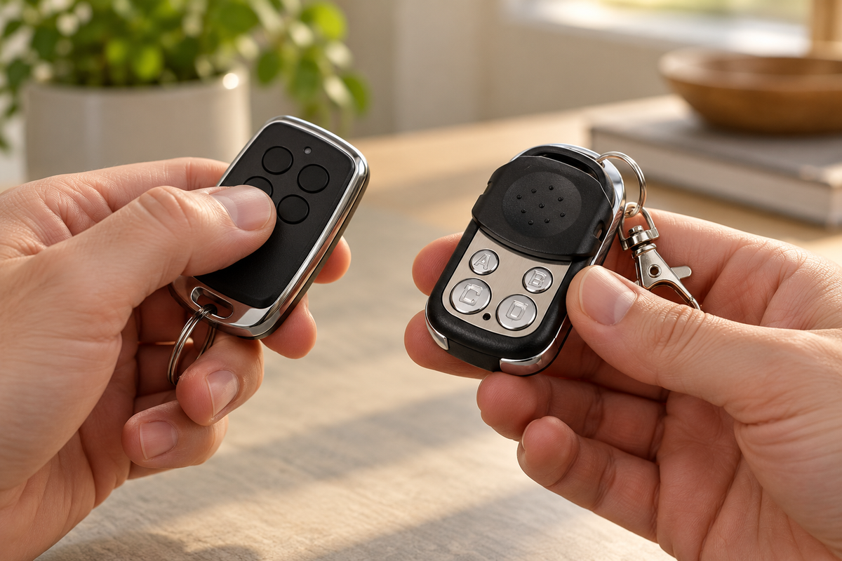 Two garage remotes held face to face a few centimetres apart to copy the signal onto a universal fob