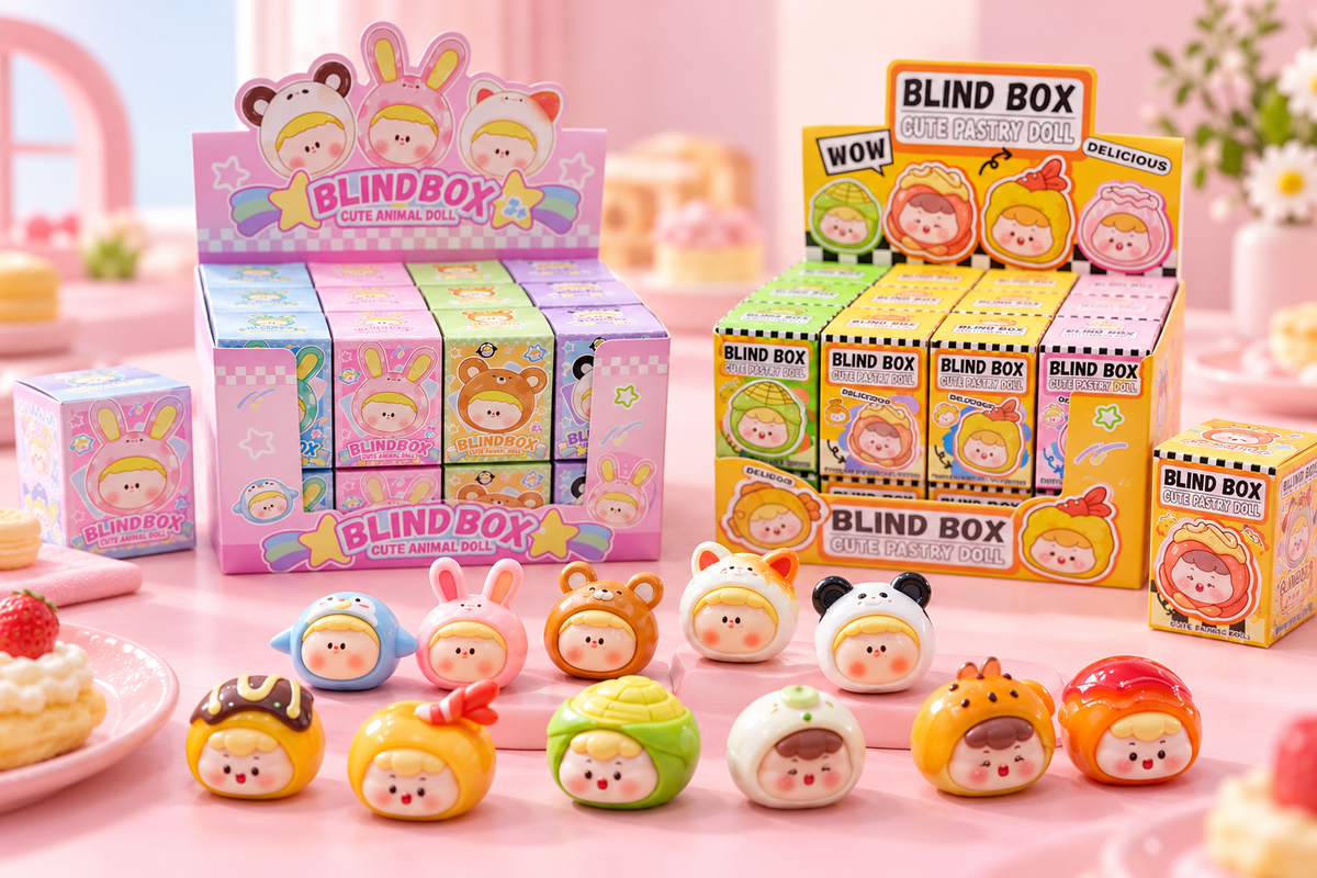 A spread of kawaii animal and pastry doll blind box figures arranged on a pastel surface