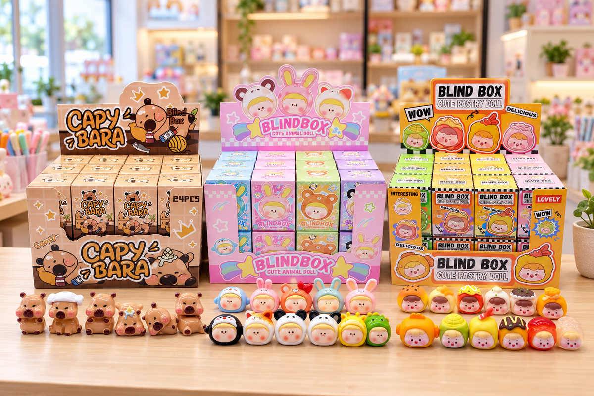 An opened display carton of assorted cute blind box figures lined up on a retail counter