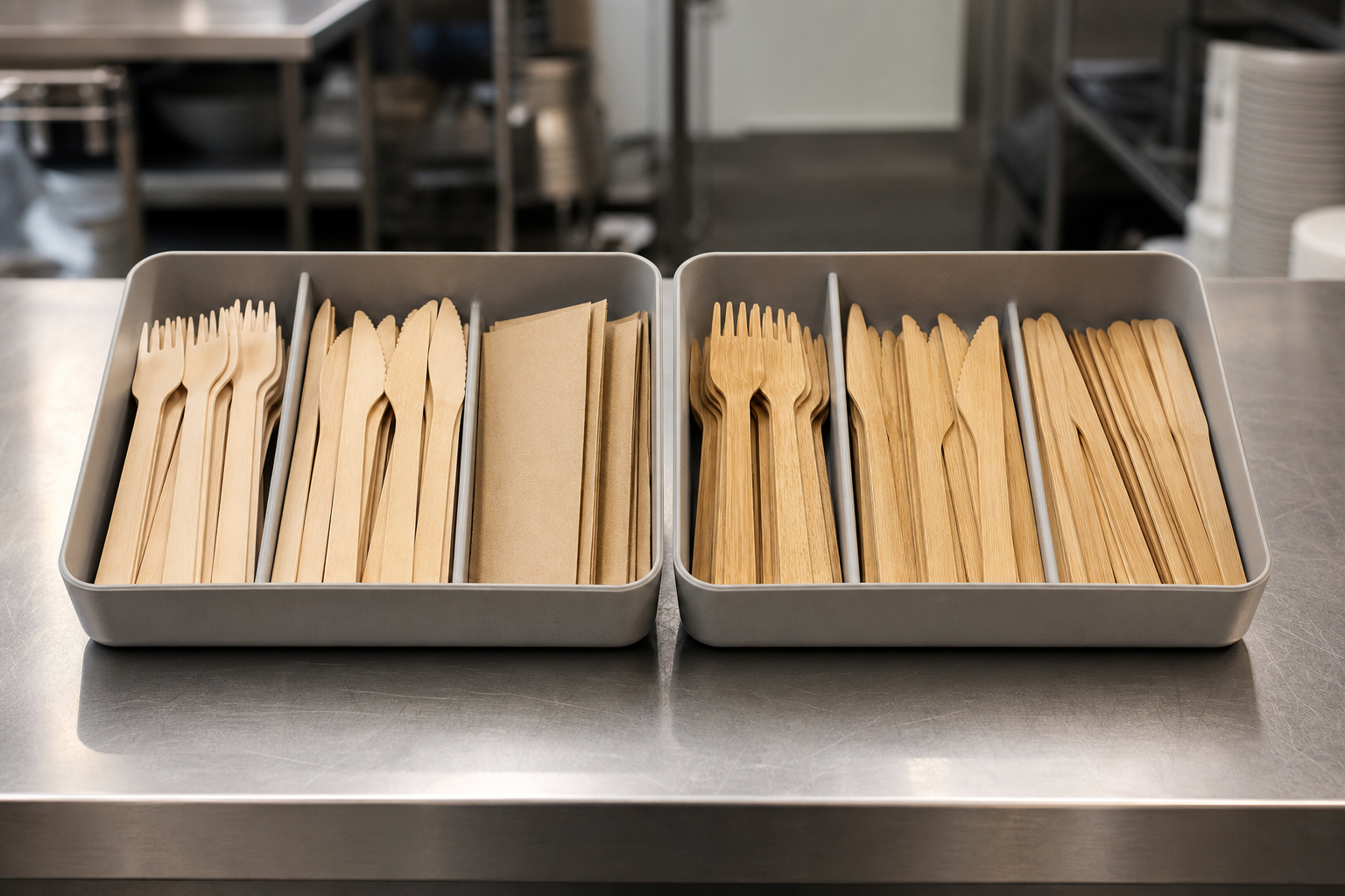 Wide view of wooden and bamboo disposable cutlery sorted in trays on a back-of-house service bench