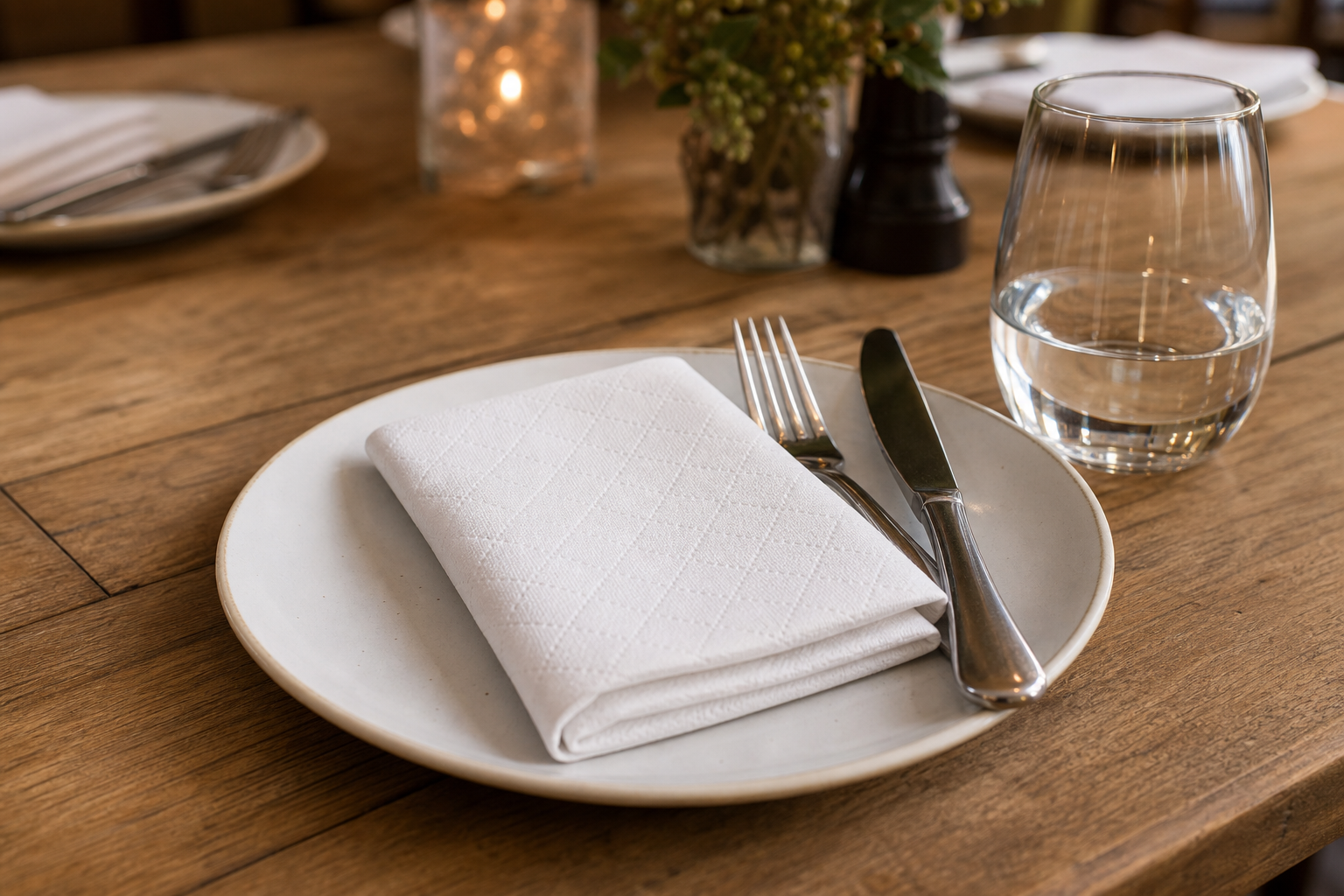 Quilted 2-ply dinner napkin folded on a set restaurant table with cutlery