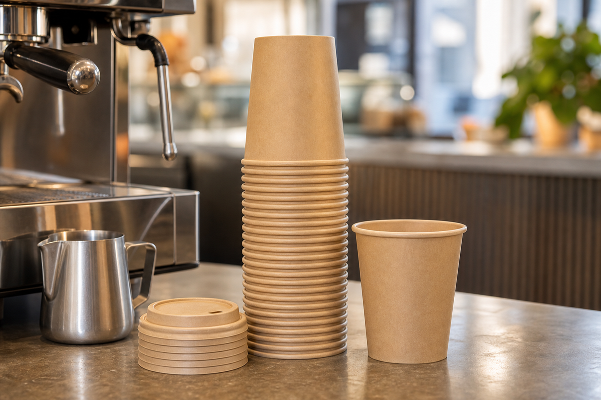 Brown kraft single-use coffee cups with lids beside a cafe espresso machine