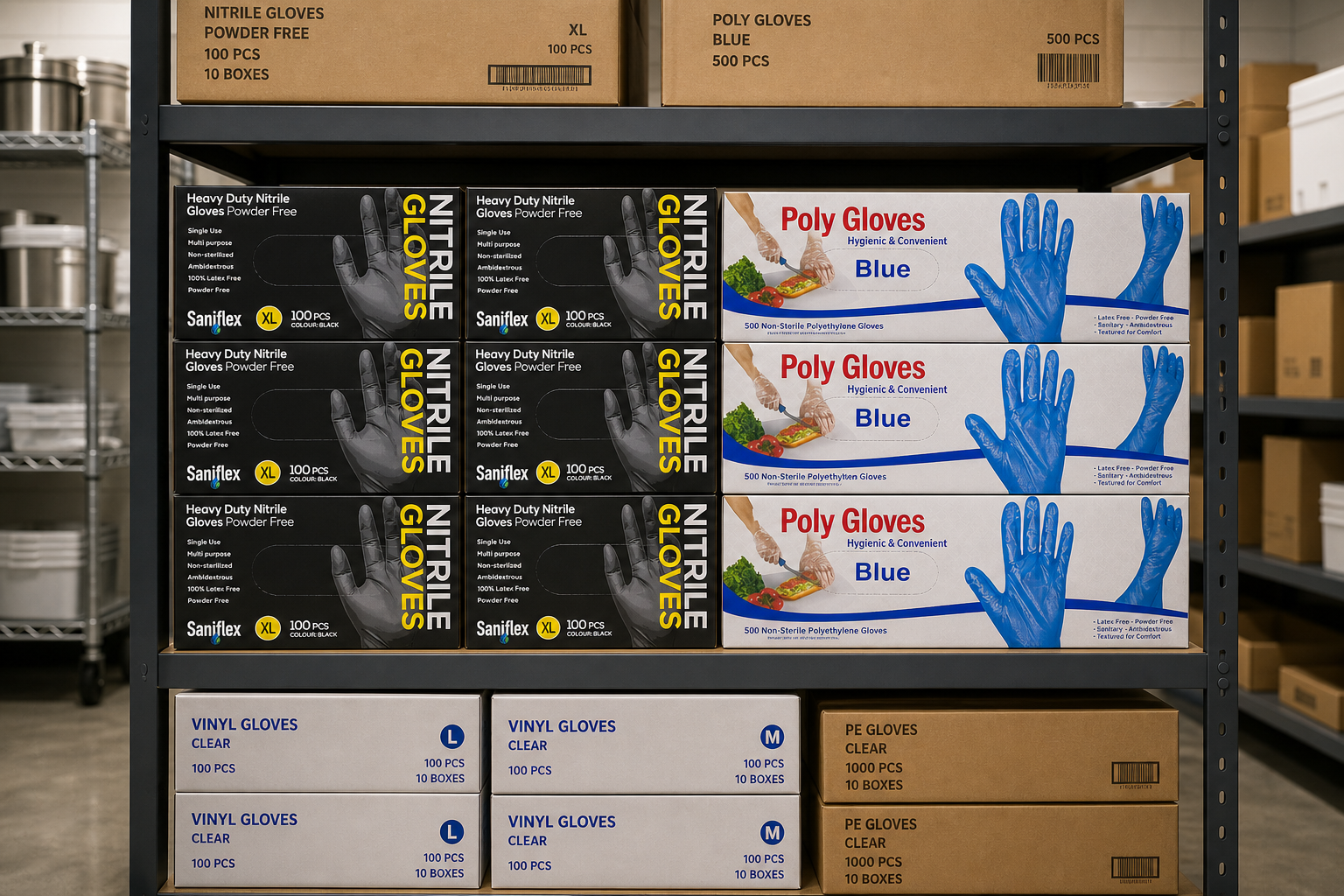 Cartons of disposable nitrile and vinyl gloves stacked on back-of-house storeroom shelving