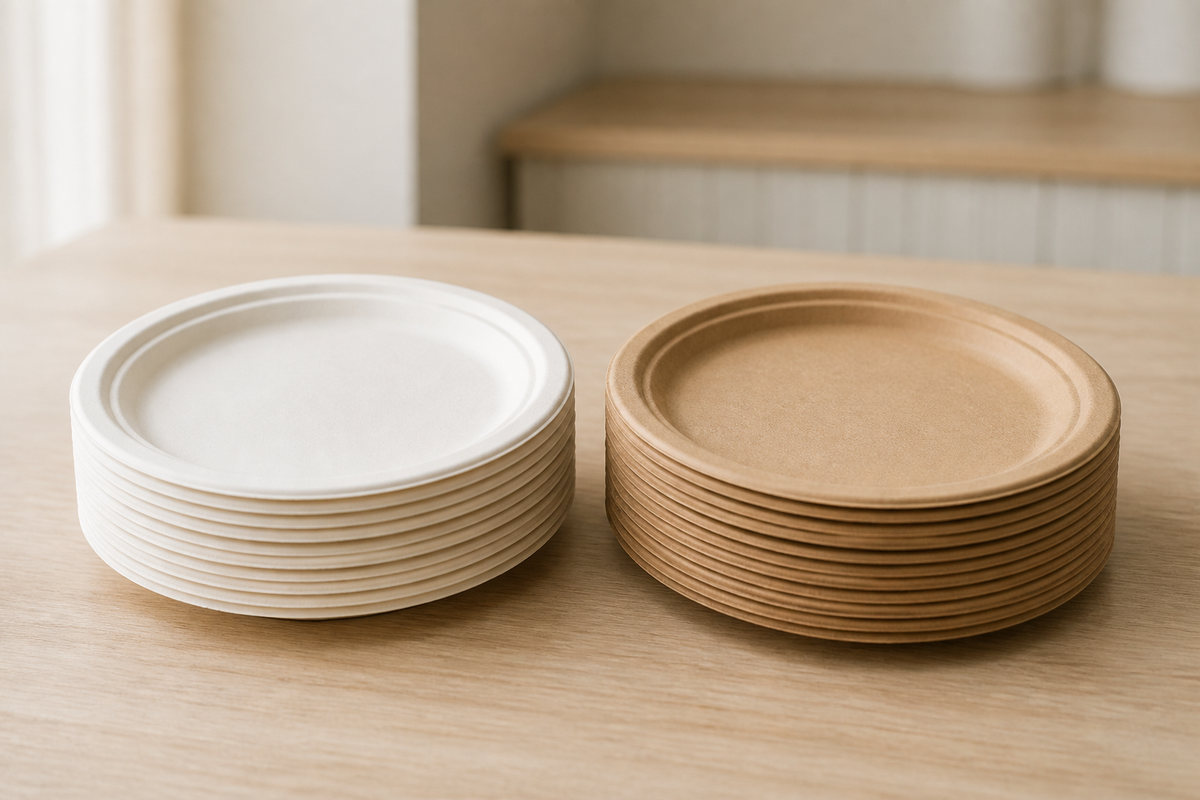 Stacks of natural sugarcane bagasse dinner plates beside kraft paper plates on a timber bench