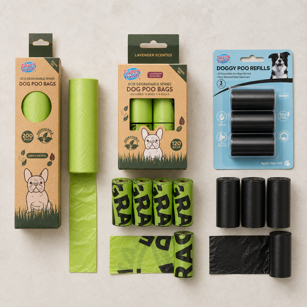 Flat-lay of unscented, lavender-scented and black eco-degradable dog poo bag rolls on a neutral background
