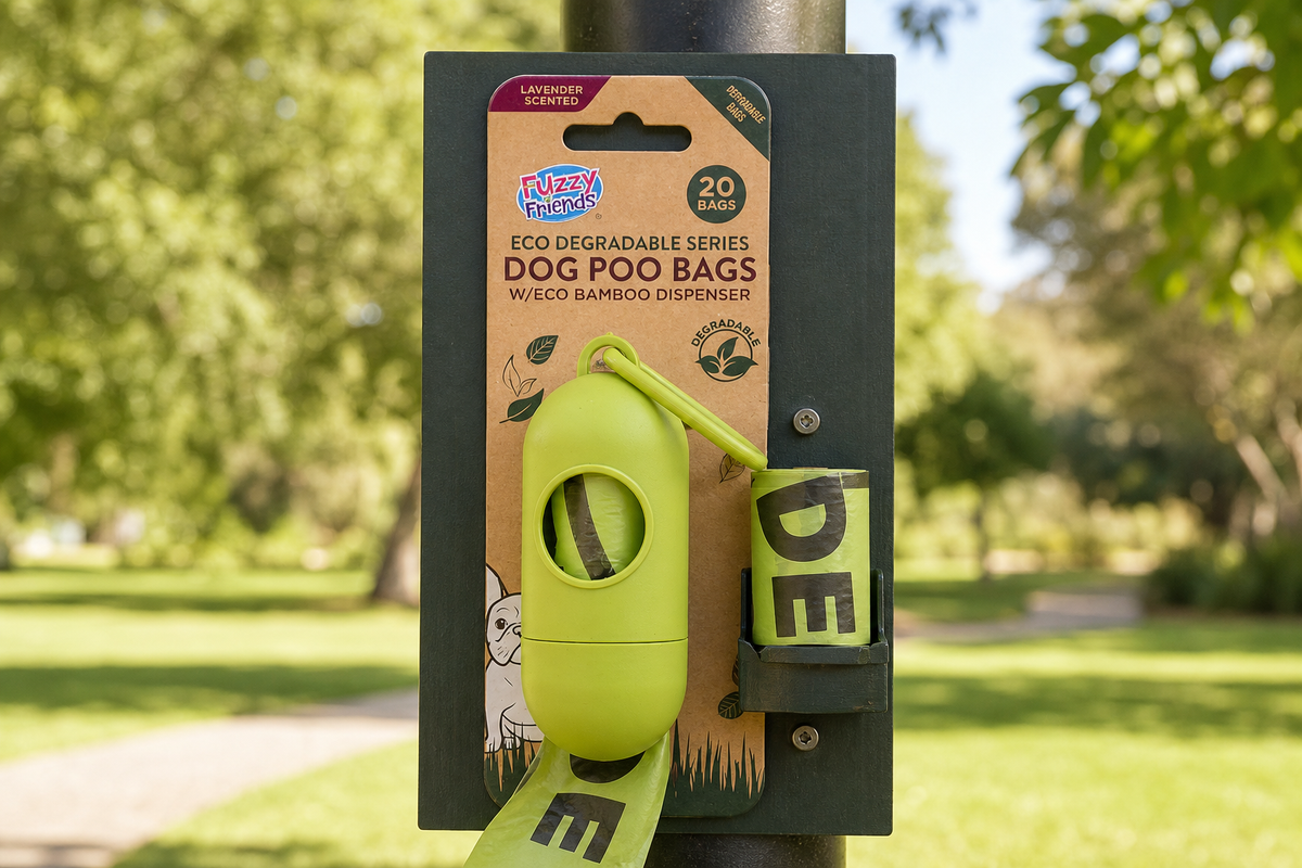 Outdoor dog waste bag dispenser station on a post in a park with green eco-degradable roll bags