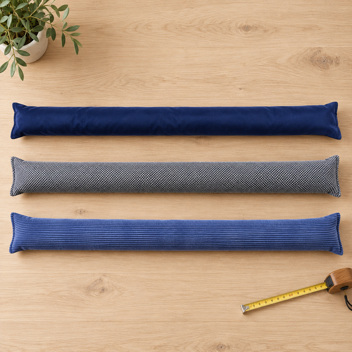 Three heavy duty door snakes in plain, linen and corduroy fabrics laid side by side to compare texture and size
