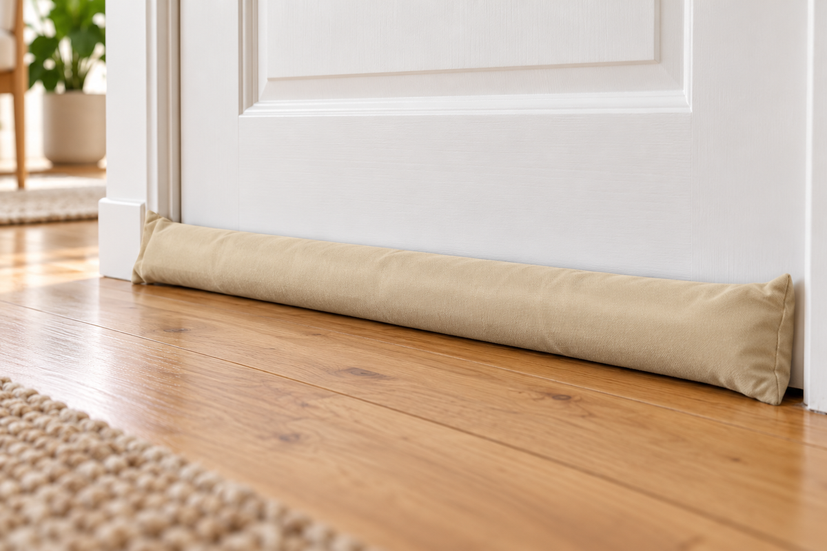 Close-up of a weighted fabric door draft blocker sealing the gap under an internal door on timber floorboards