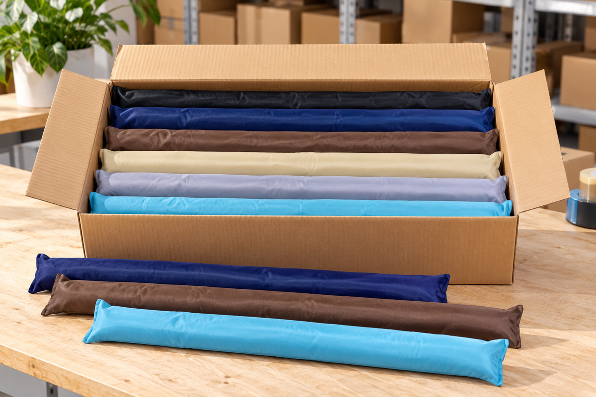 Open shipping carton packed with assorted plain colour door snakes ready for resale or a rental fit-out