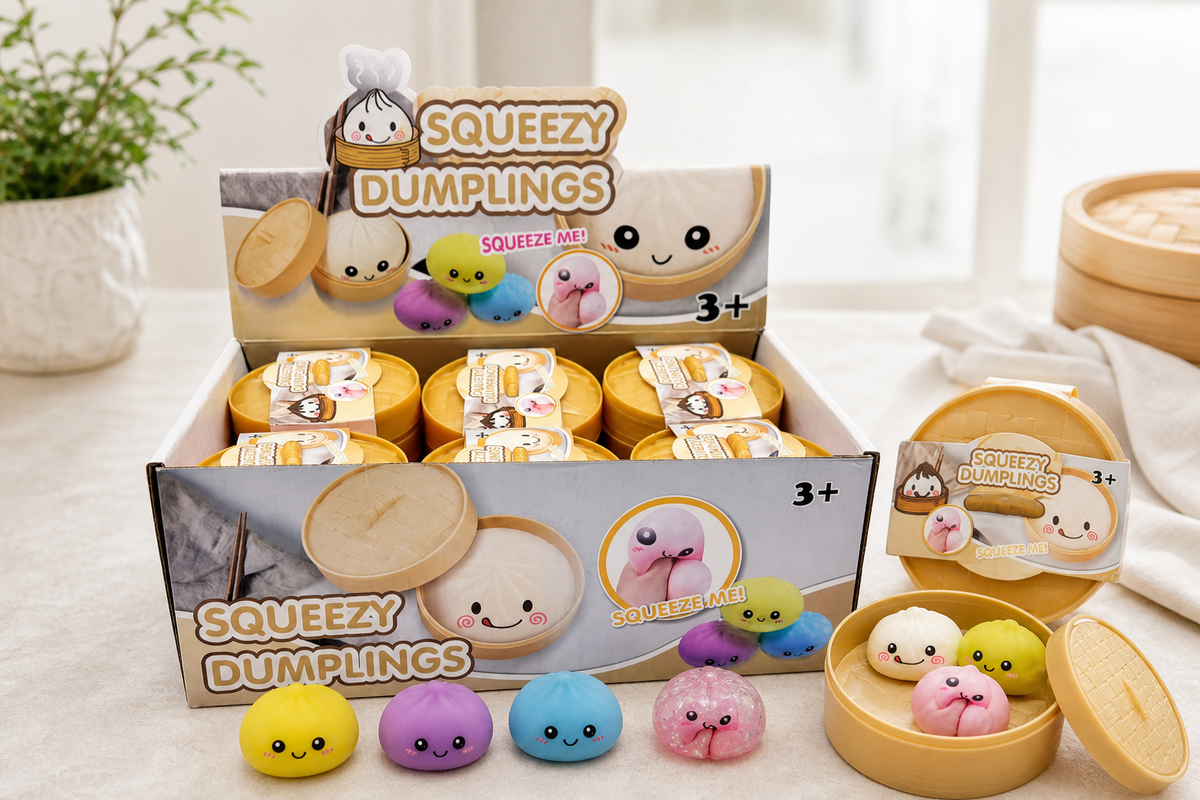 Range of dumpling squishy toys in solid and glitter colours plus a three-pack steamer set