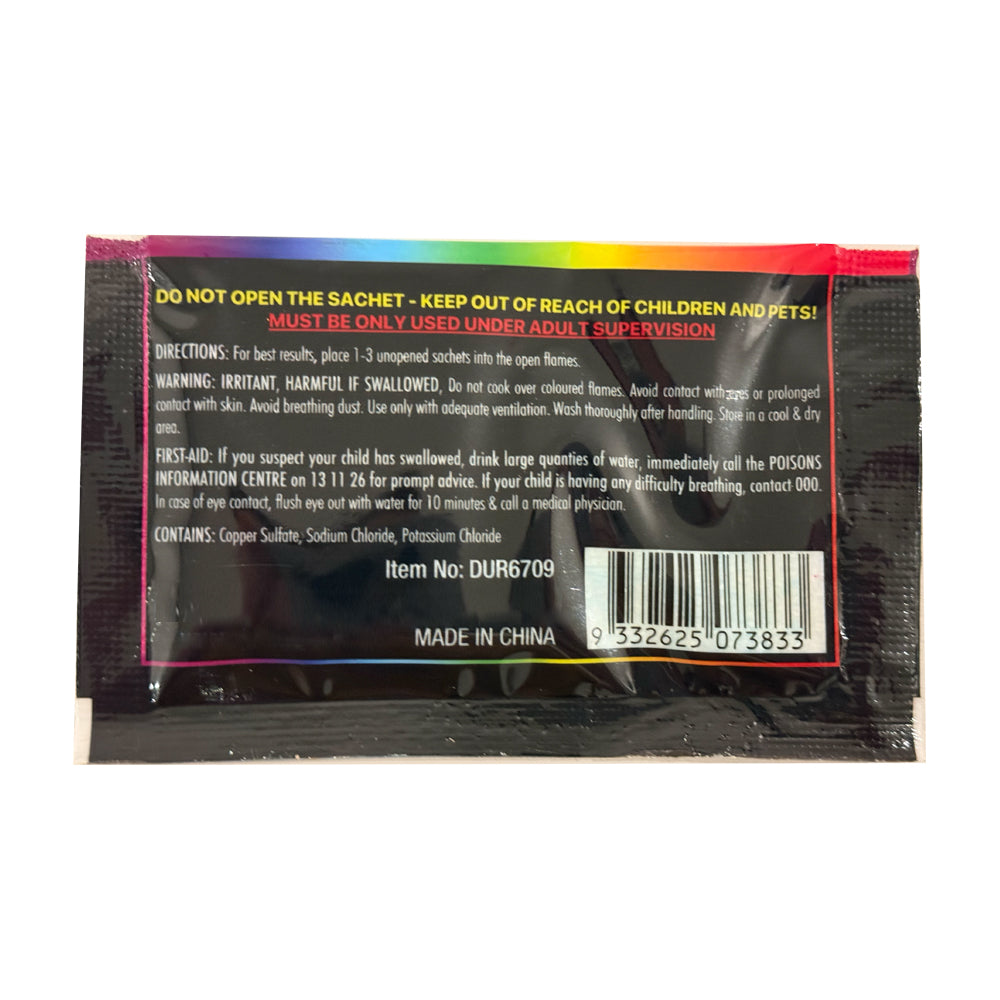 Mystical Fire Dust 15g sachet back - how to use and safety info