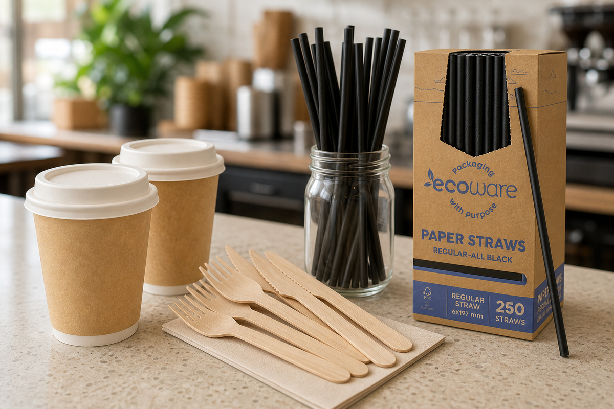 Double-wall kraft coffee cups, wooden cutlery and paper straws arranged on a cafe counter