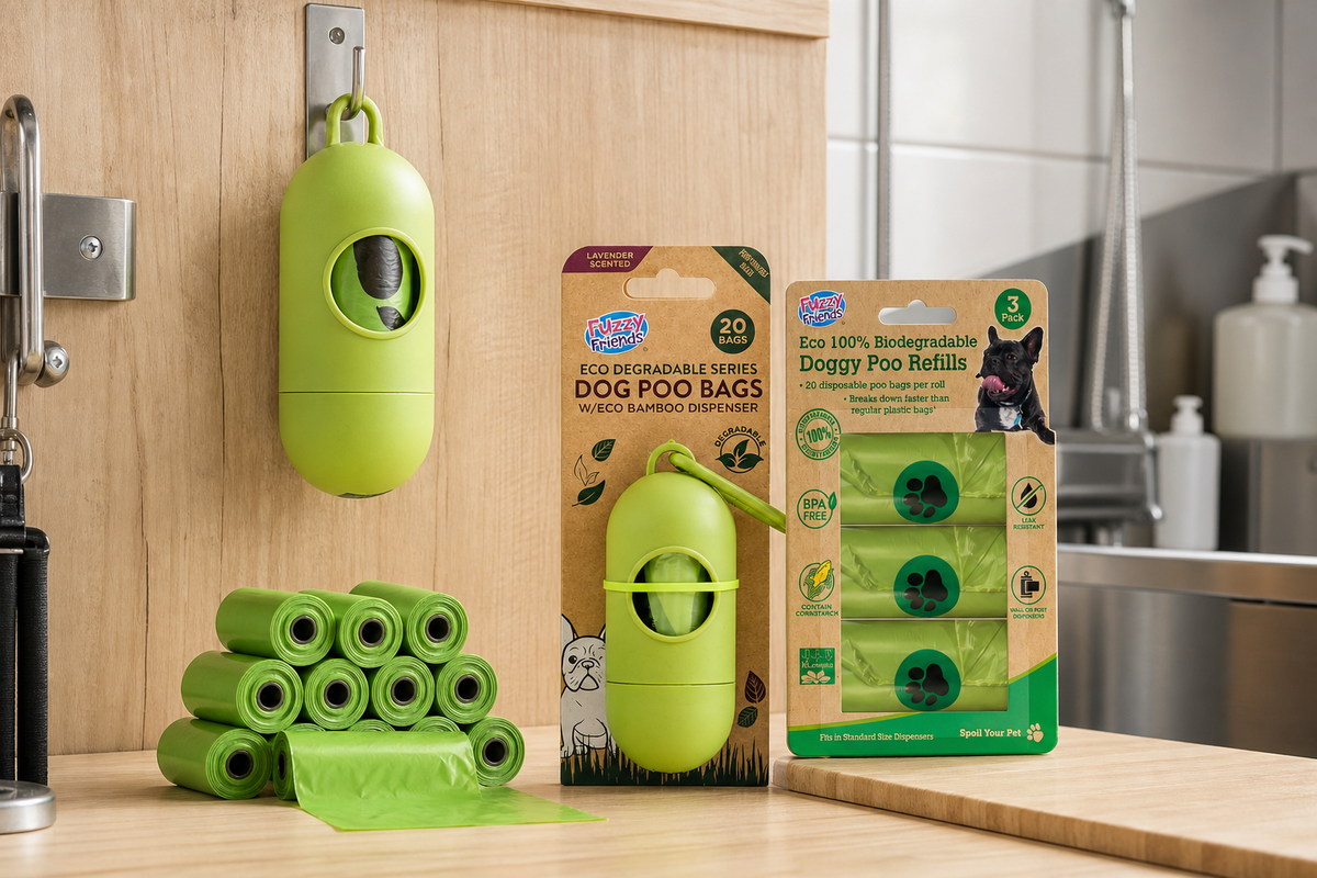 Roll of eco-degradable dog waste bags in a wall-mounted dispenser beside a grooming and kennel work area